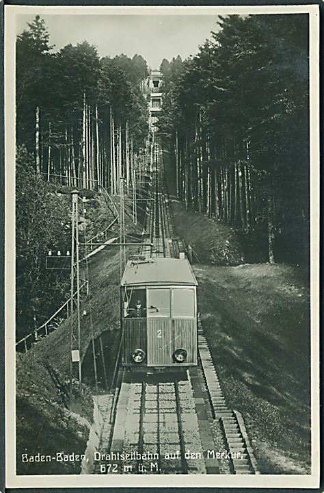 Baden - Baden. Drahtseilbahn auf den Merkur, 372 m. ü. M. Tandhjulsbane med tog no. 2. Fotokort no. 616/150. 