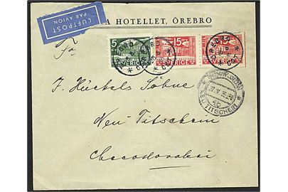 5 öre og 15 öre (2) Riksdagen på luftpostbrev fra Örebro d. 25.5.1935 til Neu Titschen, Tjekkoslovakiet. 1 mærke med mgl. hjørne.