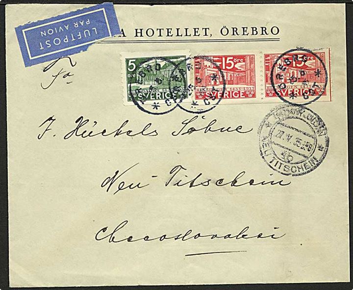 5 öre og 15 öre (2) Riksdagen på luftpostbrev fra Örebro d. 25.5.1935 til Neu Titschen, Tjekkoslovakiet. 1 mærke med mgl. hjørne.