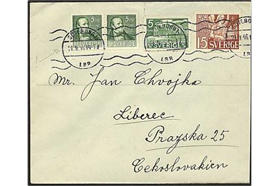 5 öre P.H.Ling (3- og 4 side takket parstykke), 5 öre Riksdagen og 15 öre Lunds Domkirke på brev fra Göteborg d. 21.9.1946 til Liberec, Tjekkoslovakiet.