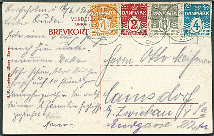 1 øre, 2 øre, 3 øre og 4 øre Bølgelinie på firefarve frankeret brevkort (Danske Folkedanse) annulleret med brotype Ia Allinge S. d. 13.6.1911 til Tyskland.