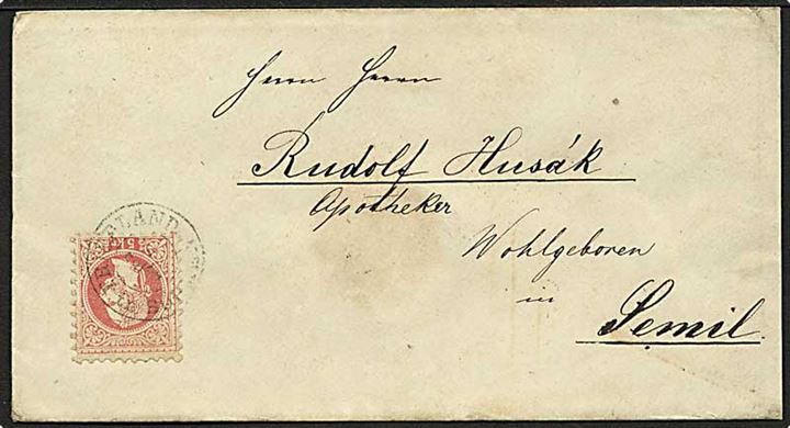 5 kr. Franz Joseph på brev fra Friedland in Böhmen d. 27.7.18xx via Reichenberg til Semil.