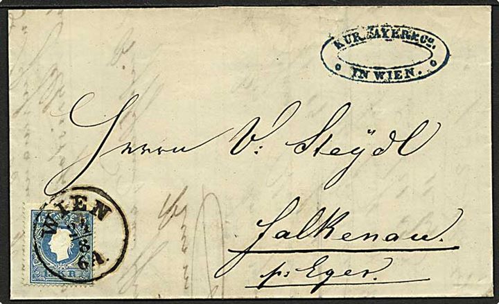 15 kr. Franz Joseph på foldebrev fra Wien d. 24.8.1860 via Prag til Falkenau pr. Eger.