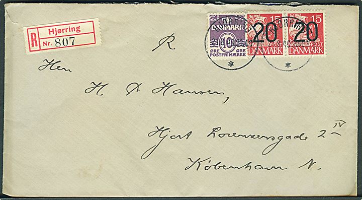 10 øre Bølgelinie og 20/15 øre Provisorium i parstykke på anbefalet brev fra Hjørring d. 21.8.1941 til København.