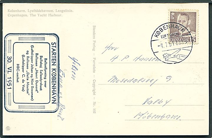 15 øre Fr. IX på brevkort annulleret København Lufthavn d. 4.7.1951 til Valby. Befordret med ballon Henri Dunant fra Bellahøj Fællesdyreskue d. 30.6.1951.