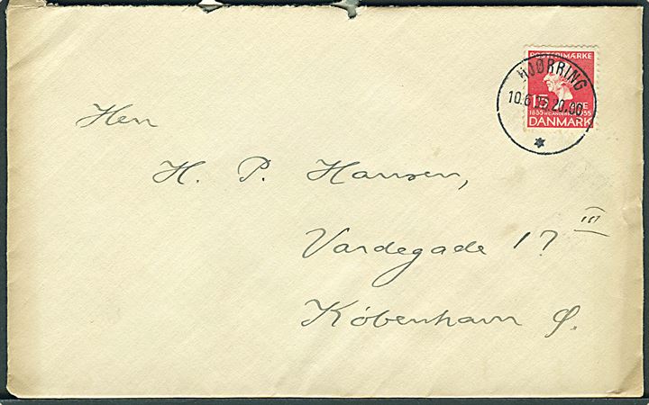 15 øre H. C. Andersen single på brev annulleret med tydeligt brotype IIId Hjørring * d. 10.6.1936 til København.