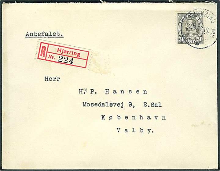 50 øre Chr. X single på anbefalet brev fra Hjørring d. 3.10.1942 til København.