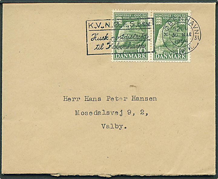 10 øre 1000 års udg. i parstykke på fortrykt kuvert fra British Embassy sendt lokalt i København d. 30.3.1954.