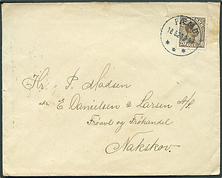 20 øre Chr. X på brev annulleret med brotype IIIb Fæmø d. 16.6.1924 til Nakskov.