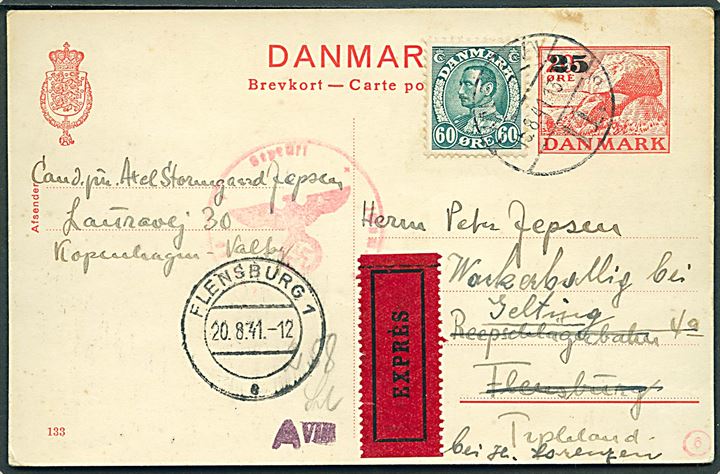 25/20 øre provisorisk helsagsbrevkort (fabr. 133) opfrankeret med 60 øre Chr. X sendt som ekspres fra København d. 15.8.1941 til Flensburg, Tyskland - eftersendt til Gelting. Tysk censur fra Hamburg.