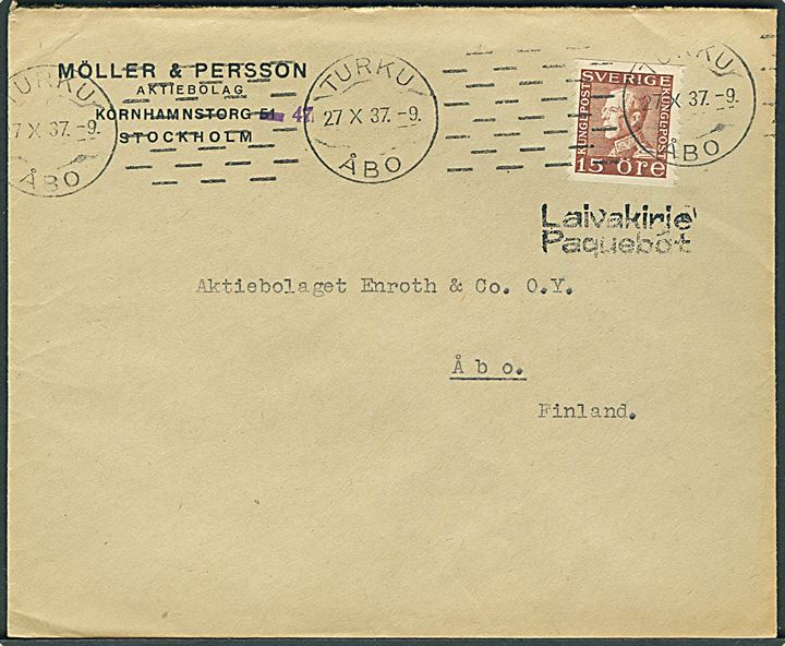 15 öre Gustaf på brev fra Stockholm annulleret med finsk stempel i Åbo d. 27.10.1937 og sidestemplet med 2-sproget skibsstempel: Laivakirje/Paquebot til Åbo, Finland.