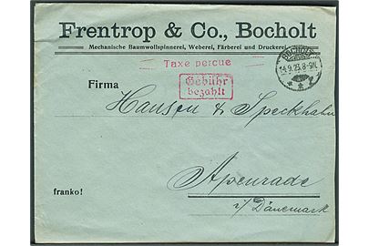 Ufrankeret infla-brev med røde stempler Taxe percue og Gebühr bezahlt fra Bocholt d. 14.9.1923 til Åbenrå, Danmark.