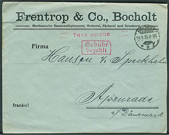 Ufrankeret infla-brev med røde stempler Taxe percue og Gebühr bezahlt fra Bocholt d. 14.9.1923 til Åbenrå, Danmark.