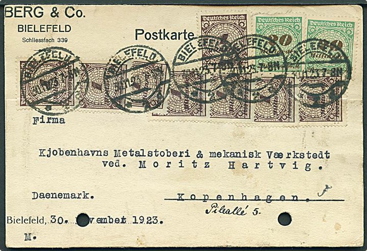 1 mia. mk. (8) og 20 mia. mk. (2) Infla udg. på 4-fach frankeret 192.000.000.000 mk. frankeret brevkort fra Bielefeld d. 30.11.1923 til København, Danmark. Korrekt frankeret i 4-fach perioden hvor frimærkerne blev solgt til 4 gange pålydende. Sendt på sidste dag for den tyske højinflation. Sjælden forsendelse, men med 2 arkivhuller. 