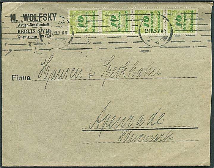 10 mia. mk. Infla udg. i 4-stribe på 40.000.000.000 mk. frankeret brev fra Berlin d. 13.11.1923 til Aabenraa, Danmark.