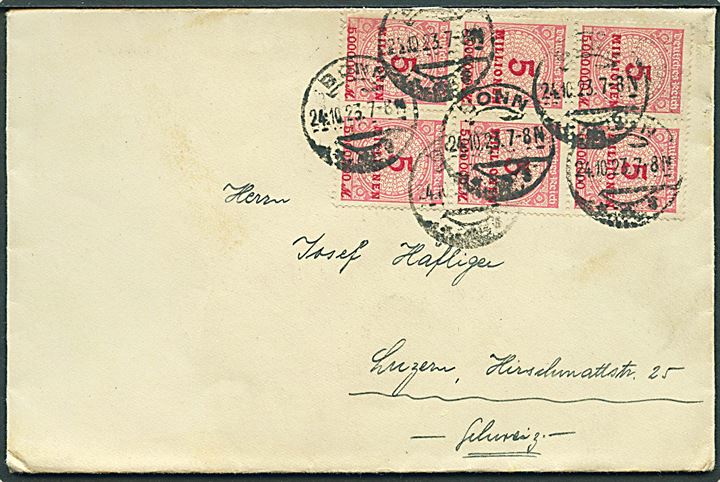 5 mio. mk. Infla udg. i 6-blok på brev fra Bonn d. 24.10.1923 til Luzern, Schweiz.