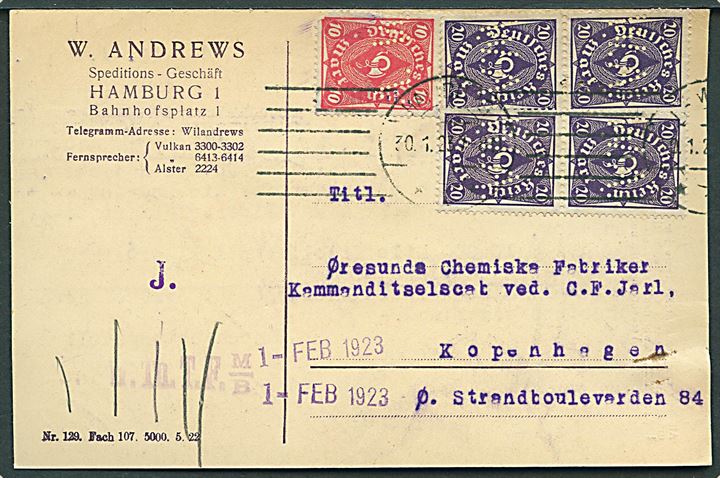 10 mk. og 20 mk. (4) Infla udg. med perfin W.A. på brevkort fra firma W. Andrews i Hamburg d. 30.1.1923 til København, Danmark.
