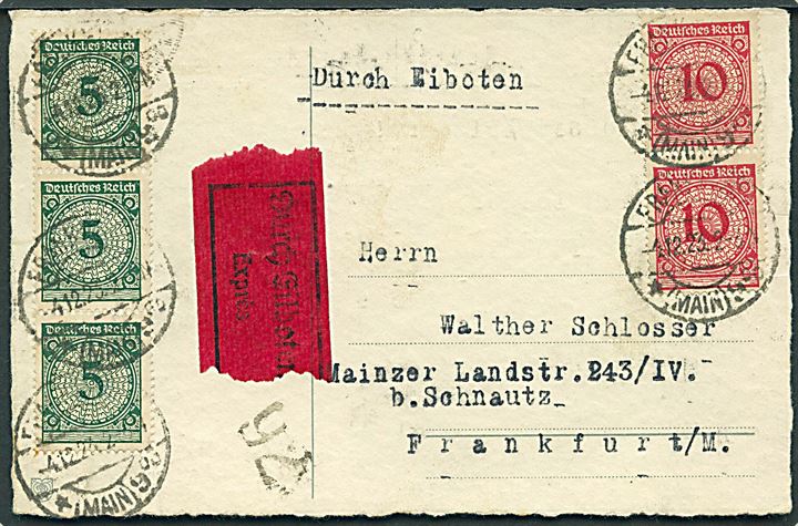 5 pfg. (3) og 10 pfg. (2) Renten-Pfg. udg. på lokalt ekspresbrevkort i Frankfurt d. 4.12.1923. 