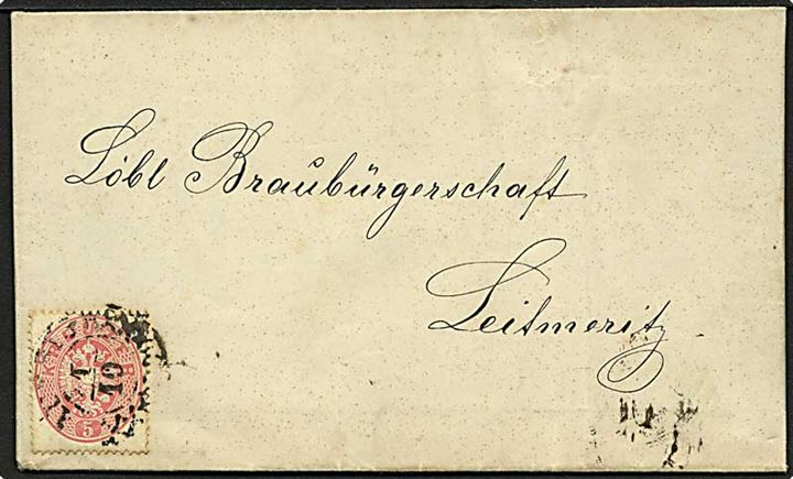 5 kr. Våben udg. på foldebrev fra Aussig d. 1.10.1865 til Leitmeritz i Böhmen.