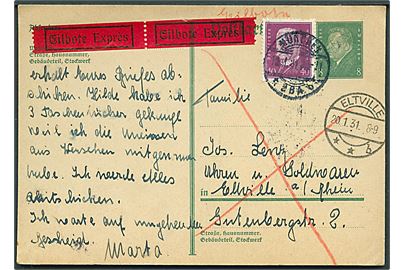 8 pfg. Ebert helsagsbrevkort opfrankeret med 40 pfg. Hindenburg sendt som ekspres fra München d. 19.1.1931 til Eltville.