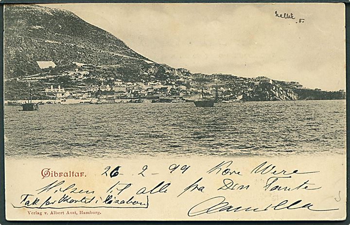 10 pfg. Adler på brevkort (Gibraltar) annulleret med skibsstempel Deutsche Seepost Ost-Afrikanische Hauptlinie d d. 2.3.1899 til Lejre, Danmark.