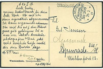 Ufrankeret marinepost brevkort (Strandpromenade i Warnemünde) stemplet Kais. Deutsche Marineschiffspost no. 208 (= Vorposten Halbflottille West, Warnemünde) d. 26.2.1917 til Aabenraa. Sendt fra sømand ombord på Vorposten-boot Regulus.