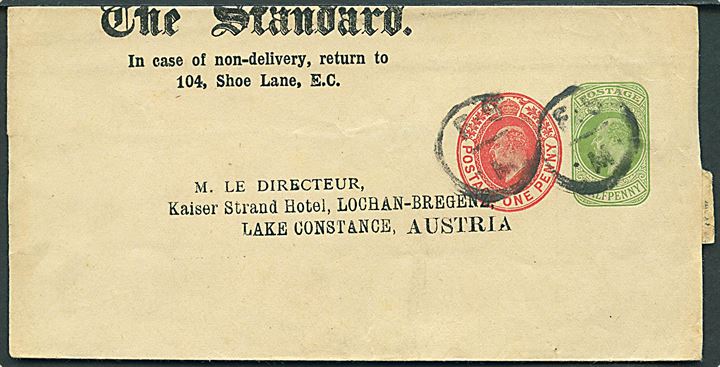½d og 1d Edward VII provisorisk helsagskorsbånd fra avisen The Standard annulleret med F.S.M. til Lake Constance, Østrig.