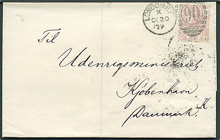 2½d Victoria på brev annulleret London E.C./90 d. 20.10.1879 til Udensrigsministeriet i København, Danmark. På bagsiden laksegl fra danske konsulat.