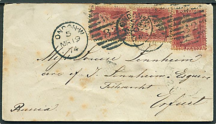 1d Victoria (3) på brev fra London W/W 82 d. 19.3.1874 til Erfurt, Preussen.