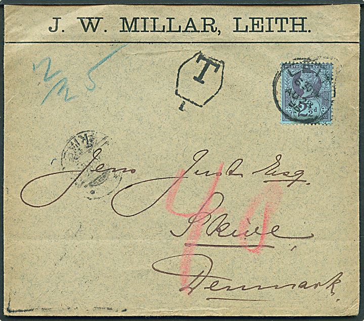 2½d Victoria på underfrankeret brev fra Leith d. 28.8.1896 til Skive, Danmark. Sort T-stempel og udtakseret i 40 øre dansk porto.