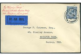 2½d George V på luftpostbrev påskrevet By Flying Boat Experimental Service Only via Belfast - Liverpool fra Belfast d. 29.9.1928 til Motspur Park, Surrey. I perioden 24-29.9.1928 udførte Imperial Airways forsøg med flyvning mellem Belfast og Liverpool et Short Singapore vandfly Calcutta.