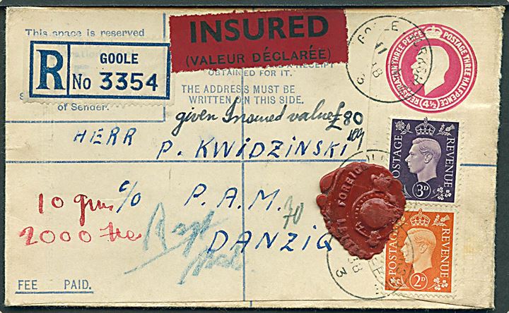 4½d George V anbefalet helsagskuvert opfrankeret med 2d og 3d George VI sendt som værdibrev fra Goole d. 11.2.1938 til Danzig. Sjælden destination.