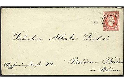 5 kr. Franz Joseph helsagskuvert fra Aussig d. 6.4.1873 via Eger til Baden-Baden i Baden.