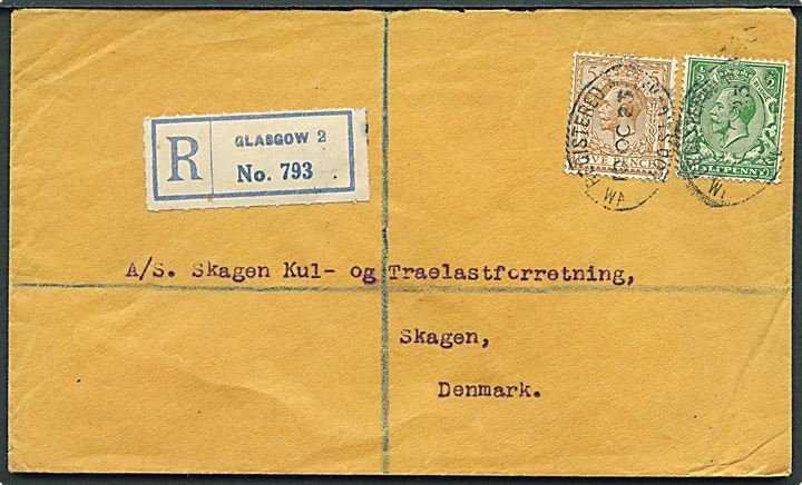 ½d og 5d George V på anbefalet brev fra Glasgow d. 10.10.1923 til Skagen, Danmark.