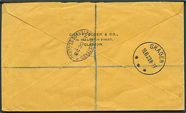 ½d og 5d George V på anbefalet brev fra Glasgow d. 10.10.1923 til Skagen, Danmark.