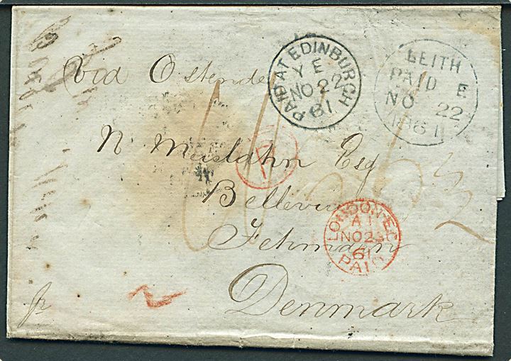 1861. Ufrankeret francobrev stemplet Leith Paid d. 22.11.1861 og PAID AT EDINBURGH d. 22.11.1861 via London, Hamburg, K.D.O.P.A. Hamburg og K.D.O.P.A. Lübeck til Bellevue på Fehmarn, Danmark.