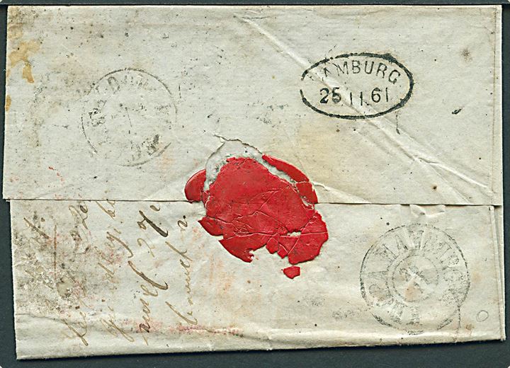 1861. Ufrankeret francobrev stemplet Leith Paid d. 22.11.1861 og PAID AT EDINBURGH d. 22.11.1861 via London, Hamburg, K.D.O.P.A. Hamburg og K.D.O.P.A. Lübeck til Bellevue på Fehmarn, Danmark.