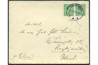 5 øre Chr. X i parstykke på brev fra Charlottenlund d. 13.10.1915 til Reykjavik, Island. Påskrevet: pr. S/S Ceres. Dampskibet S/S Ceres blev sænket af tysk ubåd U88 d. 13.7.1917 på rejse fra Fleetwood til Reykjavik.