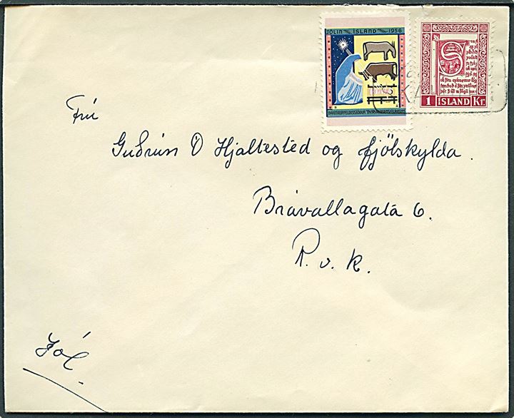 1 kr. Håndskrifter og Thorvaldsen Forening Julemærke 1956 på brev sendt lokalt i Reykjavik.