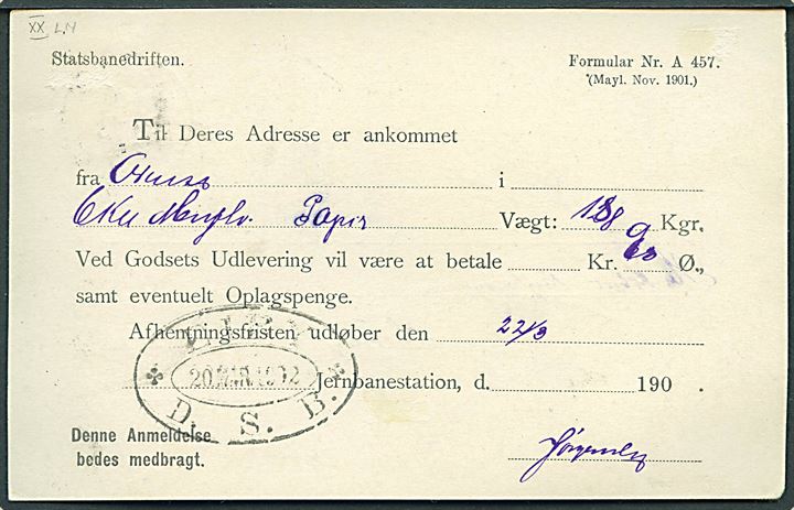 3 øre Tofarvet 20. tryk på lokal adviskort fra Statsbanedriften stemplet Eiby d. 21.3.1902. På bagsiden ovalt jernbanestempel: EJBY * D.S.B. * d. 20.3.1902.