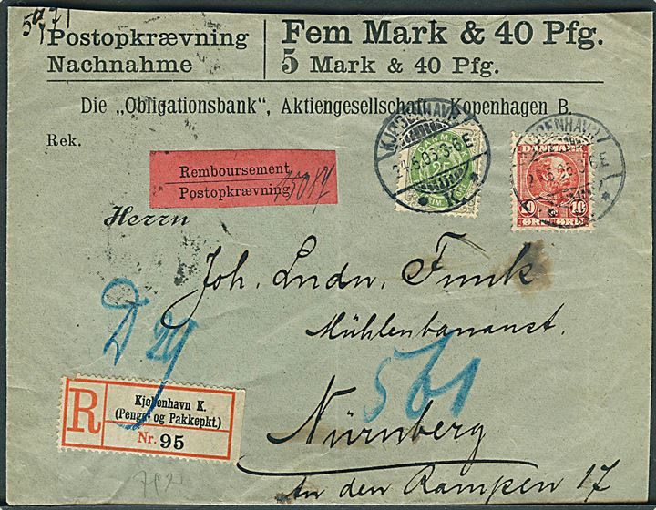 10 øre Chr. IX og 25 øre Tofarvet 11. tryk på anbefalet brev med opkrævning fra Kjøbenhavn d. 24.5.1905 til Nürnberg, Tyskland. Bagklap mgl.