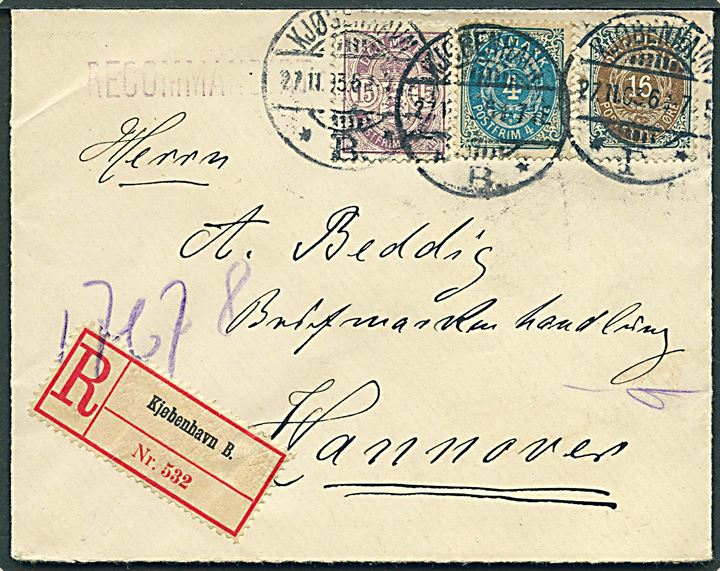 4 øre, 16 øre Tofarvet og 15 øre Våben på lille anbefalet brev fra Kjøbenhavn B. d. 27.11.1904 til Hannover, Tyskland.