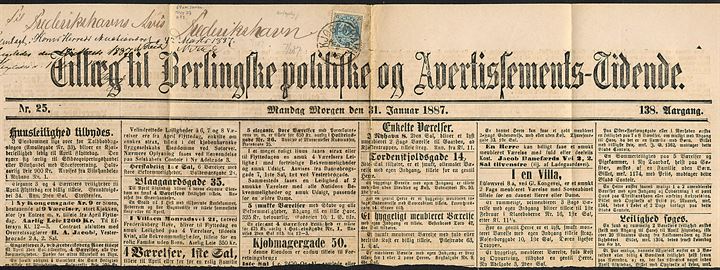 4 øre Tofarvet 39. tryk på del Tillæg til Berlingske politiske og Avertisements-Tidende d. 31.1.1887 annulleret med lapidar Kjøbenhavn d. 7.2.1887 til Frederikshavn.