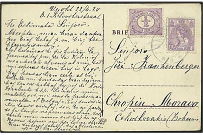 ½ c. Ciffer og 4½ c. Wilhelmina på brevkort fra Vucht d. 22.4.1920 til Tjekkoslovakiet.