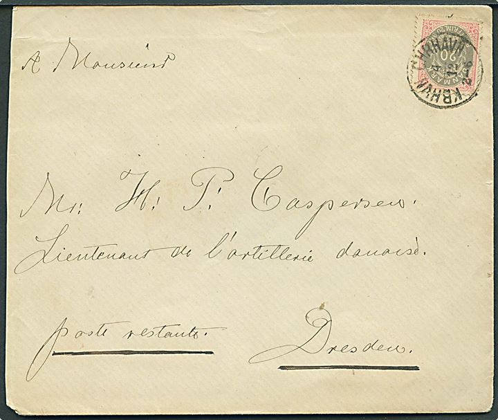 20 øre tryk 3b Tofarvet single på brev annulleret med lapidar Kbhvn Chrhavn d. 4.12.(1878) til dansk artilleri løjtnant poste restante i Dresden, Tyskland.