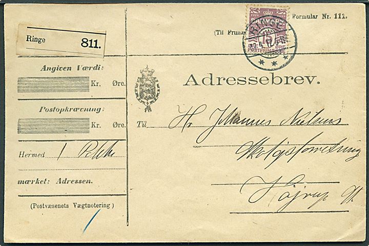 15 øre Bølgelinie single på adressebrev for pakke fra Ringe d. 17.4.1912 til Højrup St.