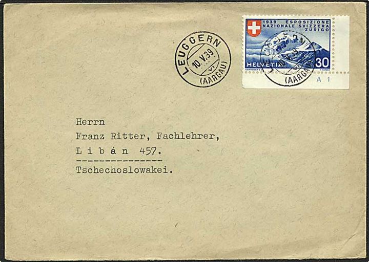 30 c. National Udstilling single på brev fra Leuggern d. 10.5.1939 til Liban, Tjekkoslovakiet.