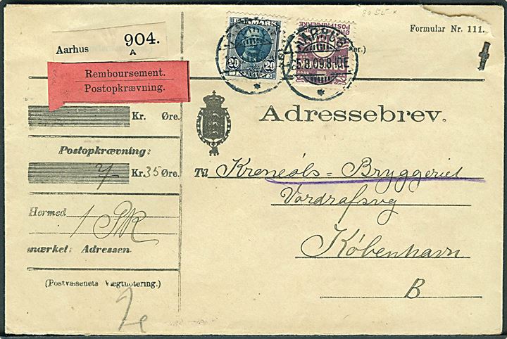 15 øre Bølgelinie og 20 øre Fr. VIII på adressebrev for pakke med opkrævning fra Aarhus d. 25.3.1909 til København.