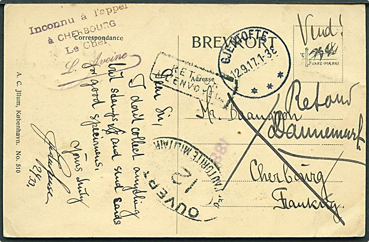 10 øre Chr. X på billedside af brevkort (Københavns Tivoli) stemplet Gjentofte d. 12.9.1917 til Cherbourg, Frankrig. Retur som ubekendt med flere stempler. Fransk censur Ouvert 12 fra Dieppe.