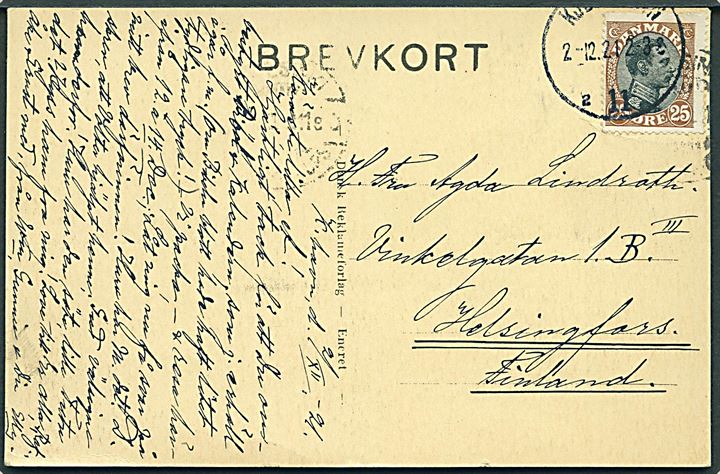 25 øre Chr. X på brevkort (Amagertorv, København) stemplet Kjøbenhavn d. 2.12.1921 til Helsingfors, Finland.